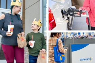 a mom and kid getting burger king, someone pumping gas, and a walmart plus shopper in walmart