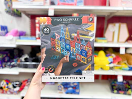 hand holding a fao schwarz magnetic tile set in front of target shelves