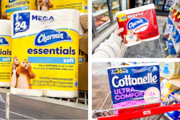collage image of charmin and cottonelle toilet paper