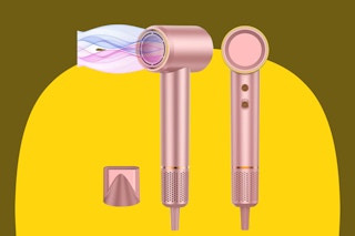 A pink ionic hair dryer shown from two angles with a detachable nozzle beside it.