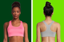 Avia Racerback Sports Bra: 2 stock images of one in pink and grey showcasing the front and the back