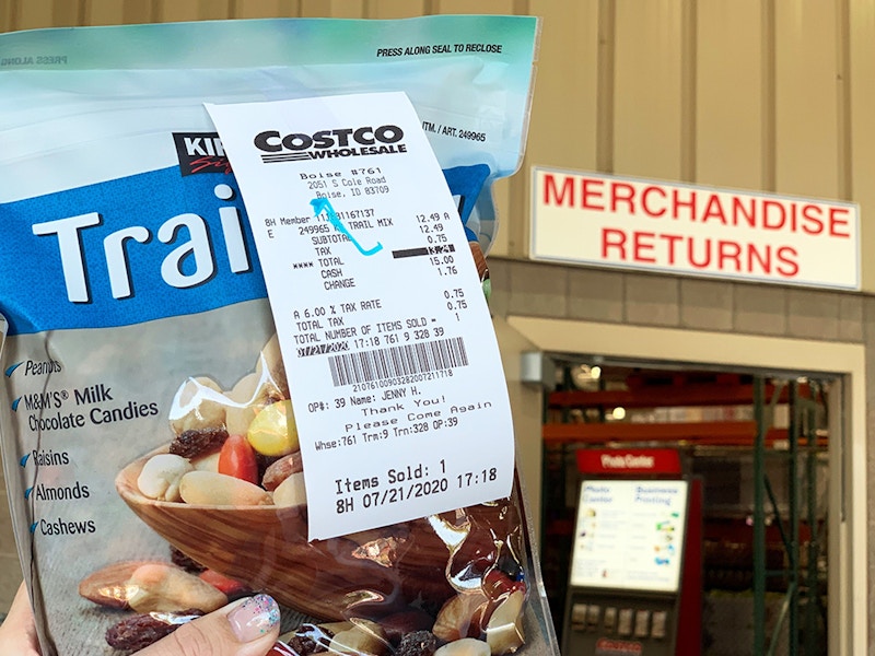 costco kirkland trail mix and receipt at merchandise return