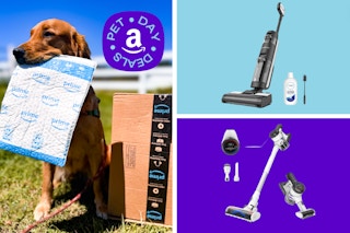 two vacuum cleaners in a blue and purple collage with a dog holding an Amazon package outside