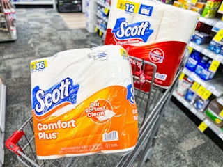 scott toilet paper and paper towels in a cart