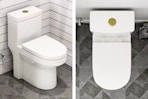 2 lifestyle images of Hanikes Toilet (one showcasing the gold button from a aerial view)