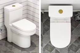 2 lifestyle images of Hanikes Toilet (one showcasing the gold button from a aerial view)