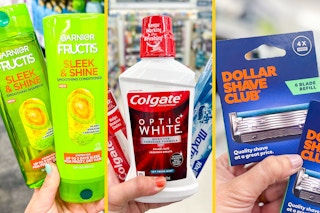 collage of hands holding garnier, colgate, and dollar shave club products