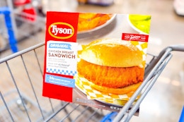 4-count Tyson Chicken sandwich in a Walmart cart