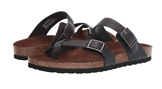 A pair of brown and black sandals.