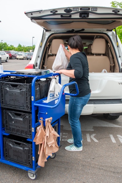 Person putting groceries in the back or a van.