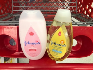 Johnson's baby shampoo and lotion in a store cart