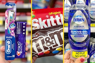 crest, oral-b, skittles, m&ms, dawn products in a collage
