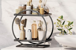 countertop organizer in bathroom holding beauty products