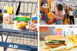 Aldi cart filled with German foods, images of women with Target Halloween and a Burger King cheeseburger 