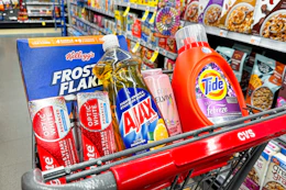 colgate toothpaste, ajax dish soap, frosted flakes cereal, tide detergent, and loreal elvive shampoo in a cart