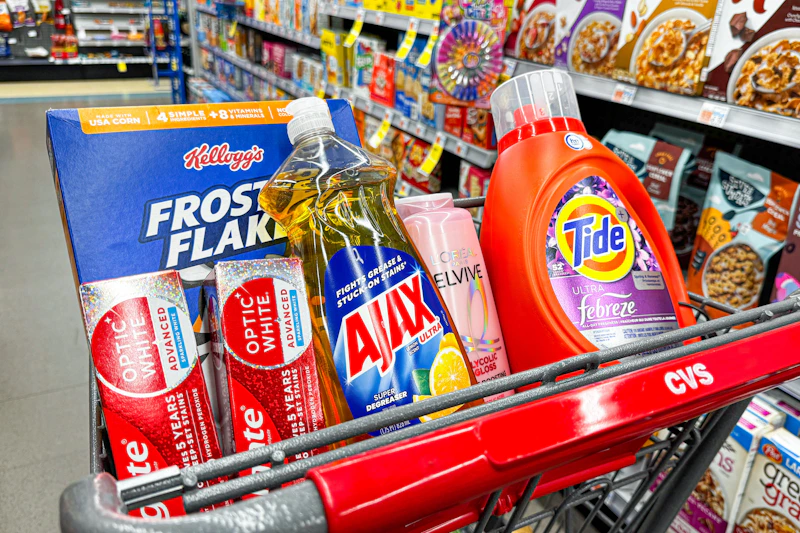 colgate toothpaste, ajax dish soap, frosted flakes cereal, tide detergent, and loreal elvive shampoo in a cart