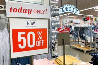 50% off sales sign inside Old Navy.