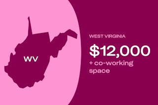 Graphic showing West Virginia, which offers $12,000 to move there (plus a co-working space).