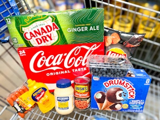 pop, hot dogs, condiments, and produce