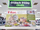 t-fal cookware set sitting on a target shelf