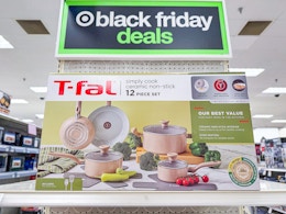 t-fal cookware set sitting on a target shelf