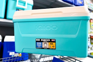 teal igloo cooler on a cart 