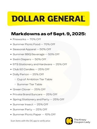 Graphic with Dollar General Markdown List for Sept 9 2025