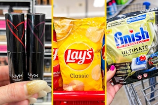 collage with NYX lipstick, Lays chips, and finish dishwashing detergent