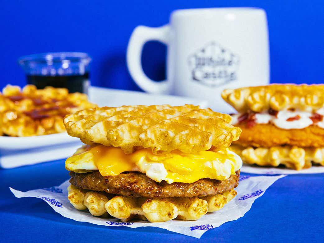 white castle waffle breakfast sliders and mug on table