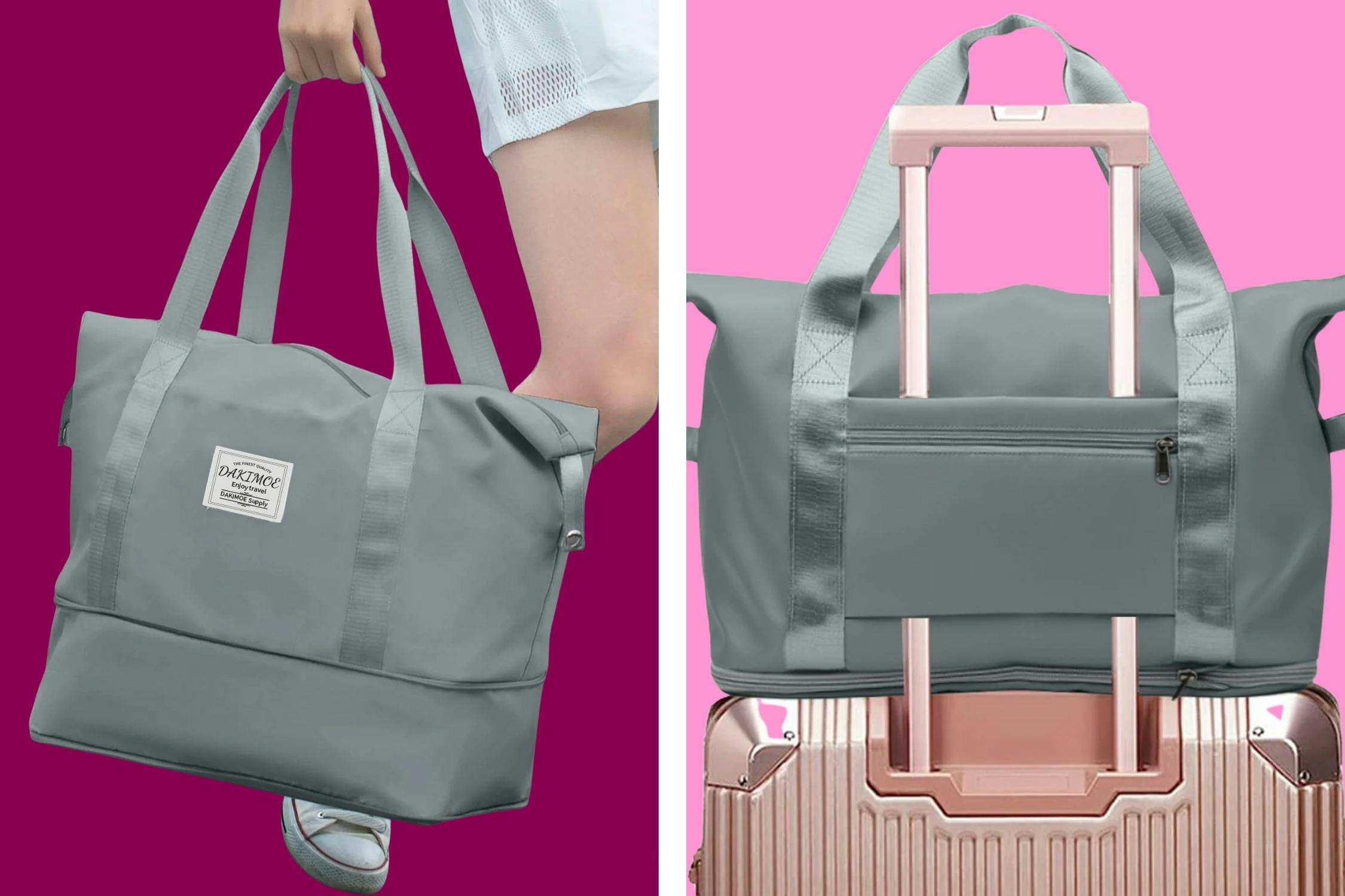 2 lifestyle images of the Dakimoe weekender bag (being carried and placed over suitcase handle)