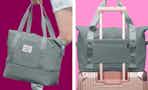 2 lifestyle images of the Dakimoe weekender bag (being carried and placed over suitcase handle)