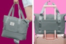 2 lifestyle images of the Dakimoe weekender bag (being carried and placed over suitcase handle)