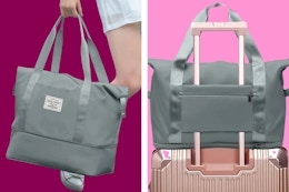 2 lifestyle images of the Dakimoe weekender bag (being carried and placed over suitcase handle)