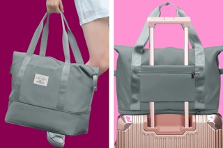 2 lifestyle images of the Dakimoe weekender bag (being carried and placed over suitcase handle)