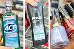 collage image of act mouthwash, axe body wash, and revlon nail polish