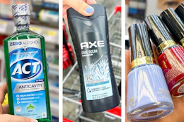 collage image of act mouthwash, axe body wash, and revlon nail polish