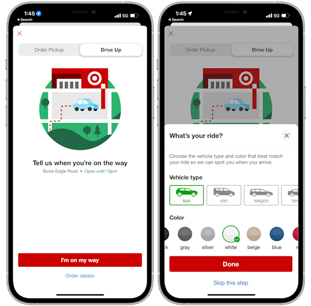 A graphic of two iPhones displaying the Target Circle app's options for notifying Target that "I'm on my way" and a page to provide a ...