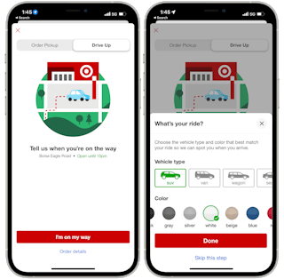 A graphic of two iPhones displaying the Target Circle app's options for notifying Target that "I'm on my way" and a page to provide a ...