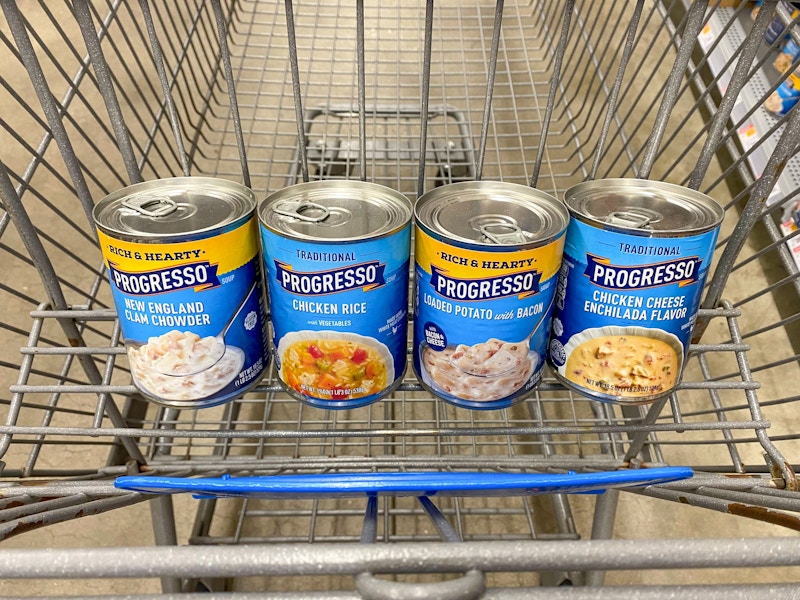 four progresso soup cans in walmart cart