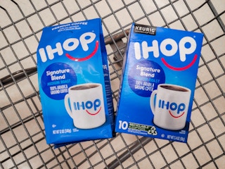 IHOP coffee and K-cups in a shopping cart