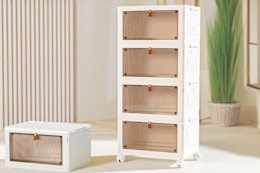 Lifestyle image of the Rolling Wheeled Plastic Storage Bin Unit in home setting