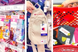 Disney's Frozen underwear, Champion crossbody bag, and Cat & Jack toddler leggings