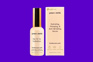 A bottle and box of Grace & Stella Hyaluronic Acid Serum on a purple background