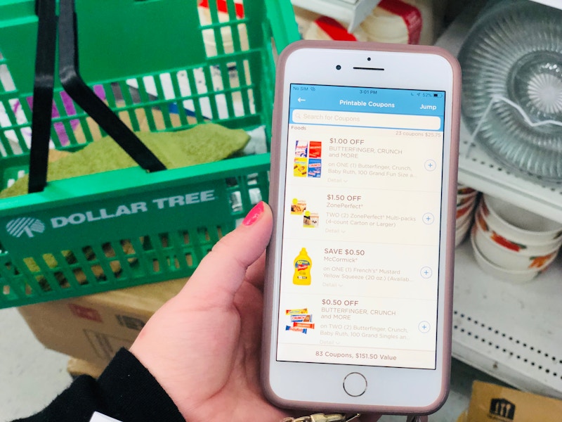 Dollar Tree app on phone next to dollar tree basket