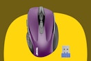 A small wireless mouse with a scroll wheel, dark purple top and a blue dongle, plus a non-slip thumb surface