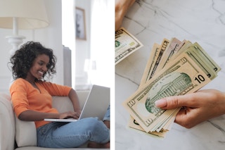 A woman smiles at her computer; a woman counts cash