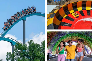 3 lifestyle images of Six Flags (water park + theme park shots)