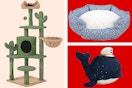 petco pet bed, toy, and cat tree 3-photo collage on red and cream background