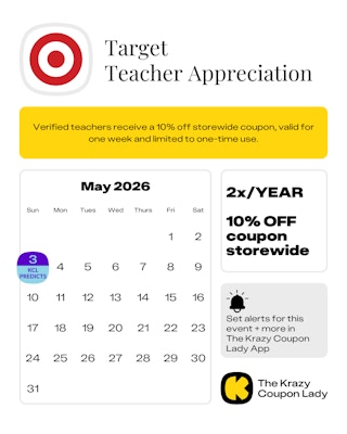 Calendar Graphic with Target Teacher Appreciation predicted to start on Sunday May 3 2026