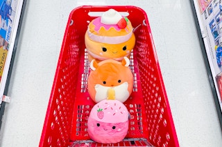 Squishmallows inside Target shopping cart (birds eye view)